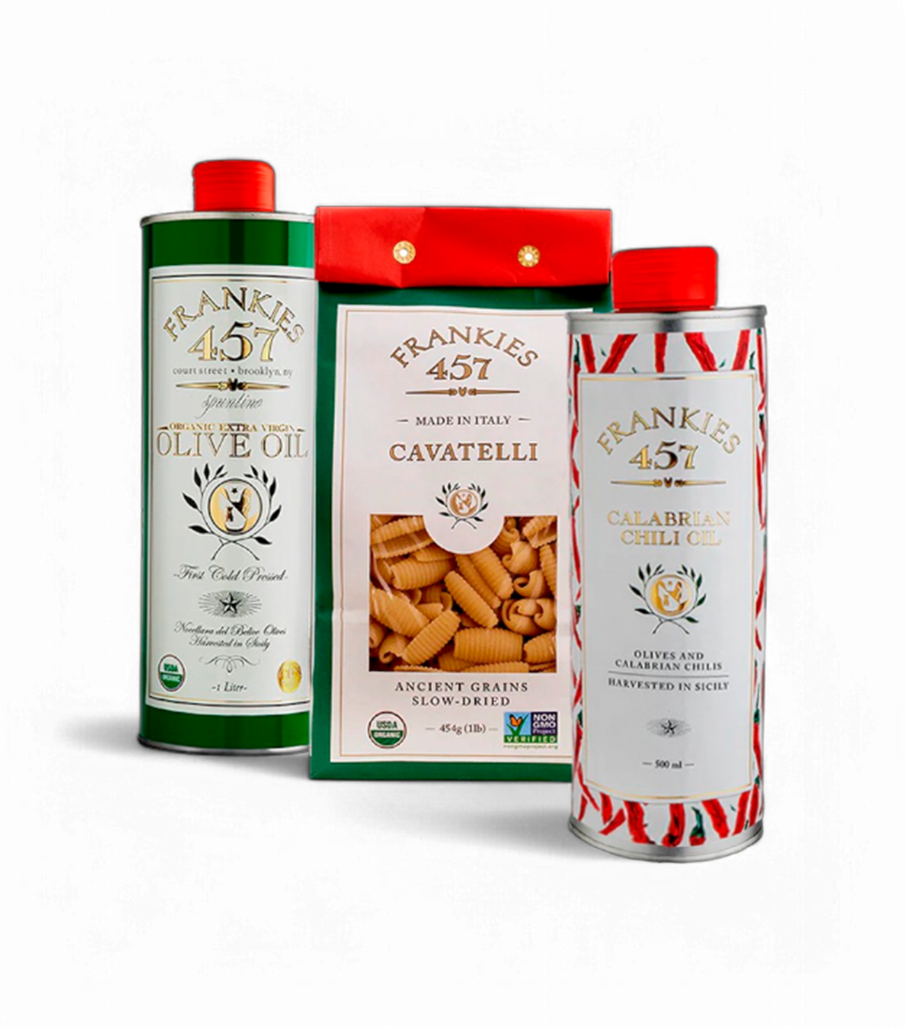 Three food items including a bottle of olive oil, a can of cavatelli pasta, and a bottle of chili oil, with labels visible.