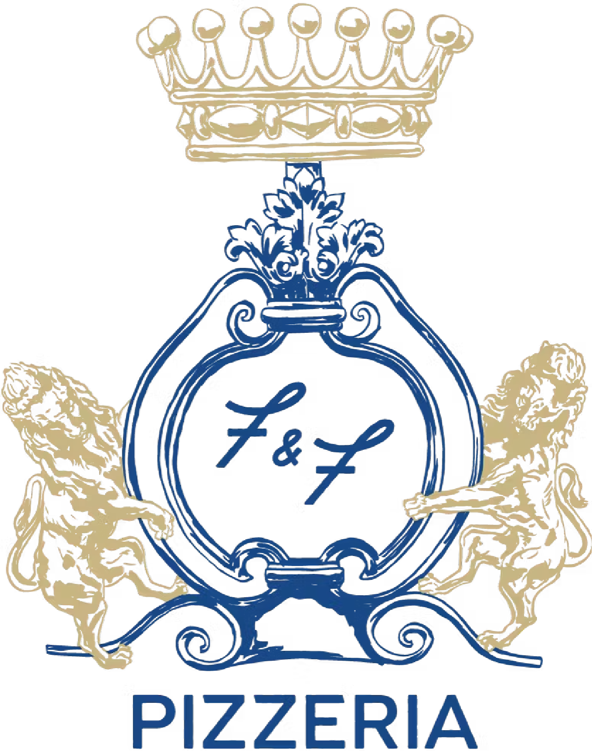 The logo for F&F Pizzeria features a gold crown at the top, ornate blue and gold heraldic flourishes, and two gold lions standing on either side of a central crest containing the stylized letters "f & f." The word "PIZZERIA" appears in blue capital letters at the bottom. The design has a regal, vintage aesthetic with a transparent background