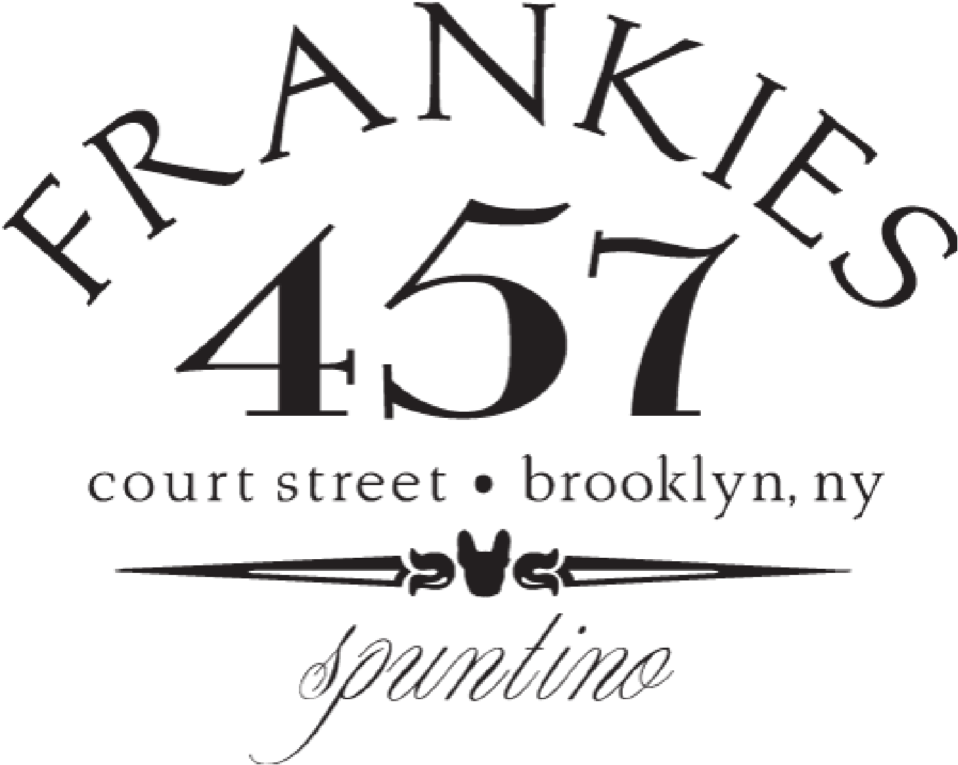 The logo for Frankies 457 features the name “FRANKIES” in an arched serif font above the large numbers “457.” Below the numbers is a decorative line with a small leaf motif in the center, and the word “Spuntino” in script. The design is rendered in black and set against a transparent background, giving it a classic and elegant appearance