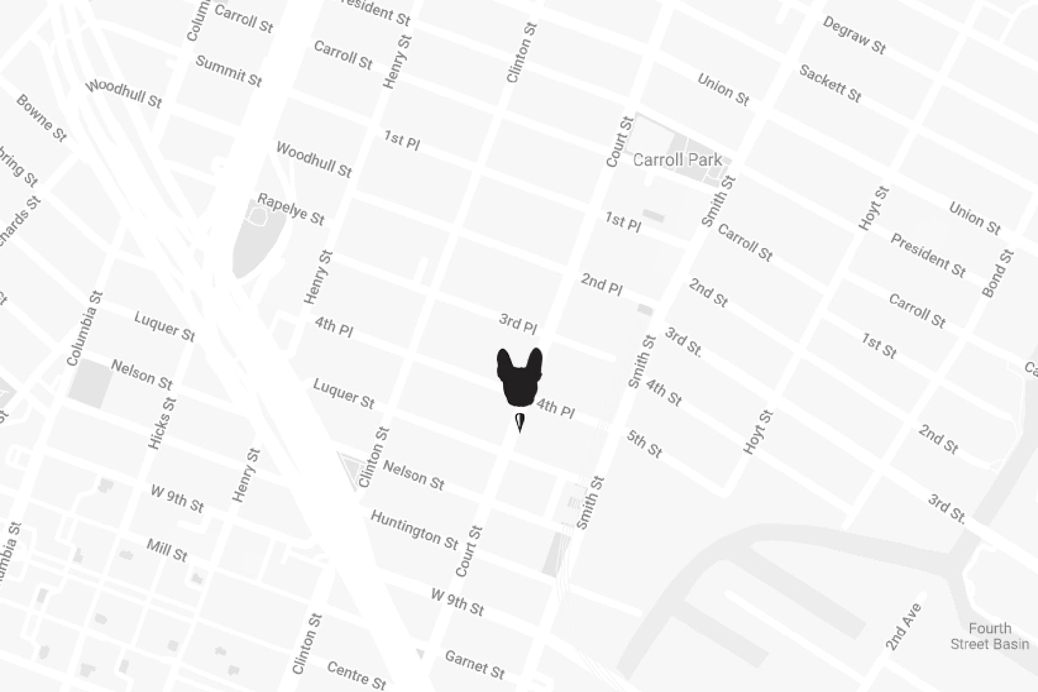 A map featuring a dog silhouette to indicate the location of Frankie's Place.