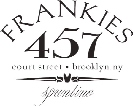 The logo for Frankies 457 features the text “FRANKIES” in a curved, elegant serif font above the bold numbers “457.” Beneath, in smaller lowercase serif letters, it reads “court street • brooklyn, ny.” Below that is a horizontal decorative line with a central leaf motif, and the word “spuntino” in a cursive script. The design is black on a white background, giving it a classic and refined appearance