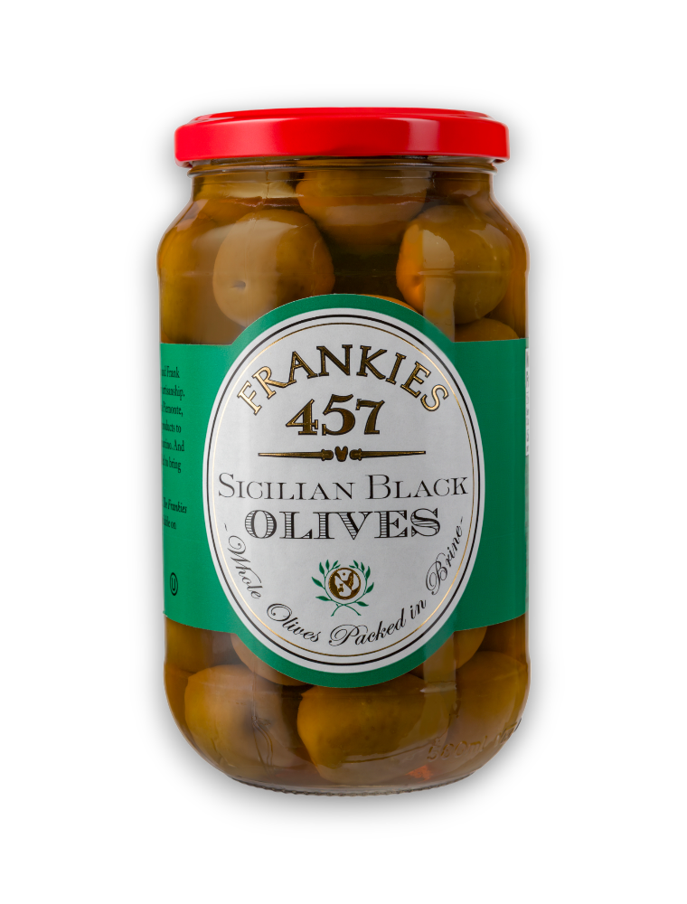 Jar of Frankie's 457 Sicilian Black Olives with a green label and red lid.