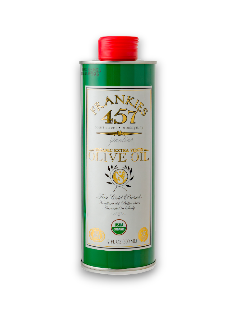 A green bottle of Frankies Organic Extra Virgin Olive Oil with a red cap and label that includes the brand name and 'Greatest Olive Oil in the World' text.