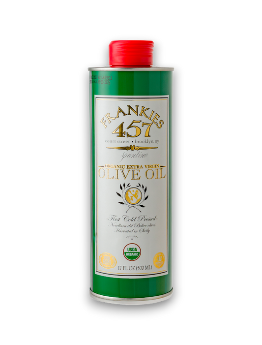 A green bottle of Frankies Organic Extra Virgin Olive Oil with a red cap and label that includes the brand name and 'Greatest Olive Oil in the World' text.