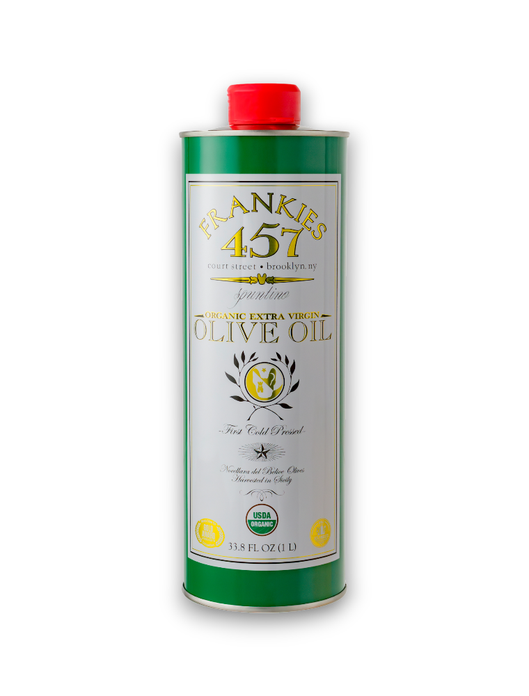 A green bottle of Frankies Organic Extra Virgin Olive Oil with a red cap and label that includes the brand name and 'Greatest Olive Oil in the World' text.
