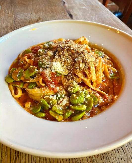 LINGUINE WITH FAVA BEANS, GARLIC, TOMATO, & BREADCRUMBS
