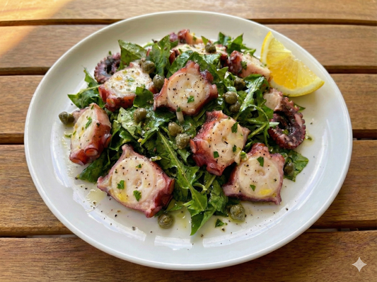 OCTOPUS AND DANDELION SALAD WITH LEMON, CAPERS AND ANCHOVY
