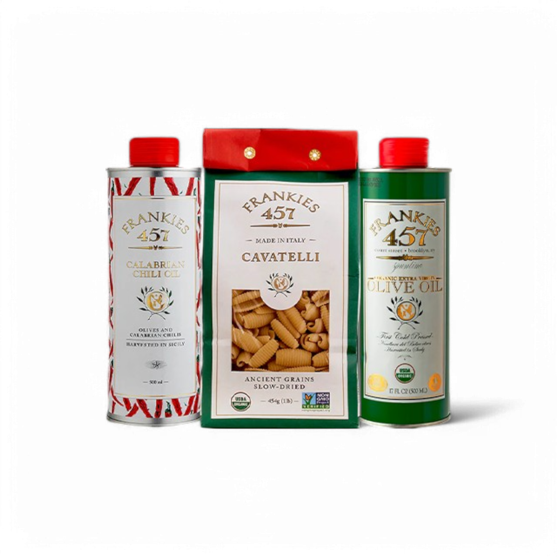 Three food items from Frankies, including a bottle each of Calabrian Chili Oil and Organic Extra Virgin Olive Oil, and a box of Cavatelli Pasta.