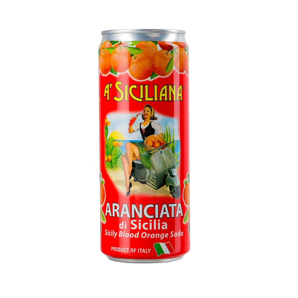 Pack of Sicilian orange soda cans with colorful packaging